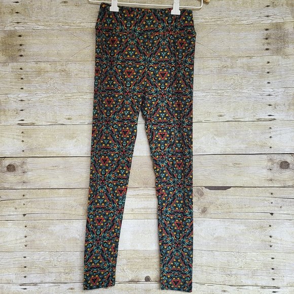 NWT OS One Size LuLaRoe Legging - Mustard, Rust, Black and Aqua on Dark Green - Picture 1 of 4